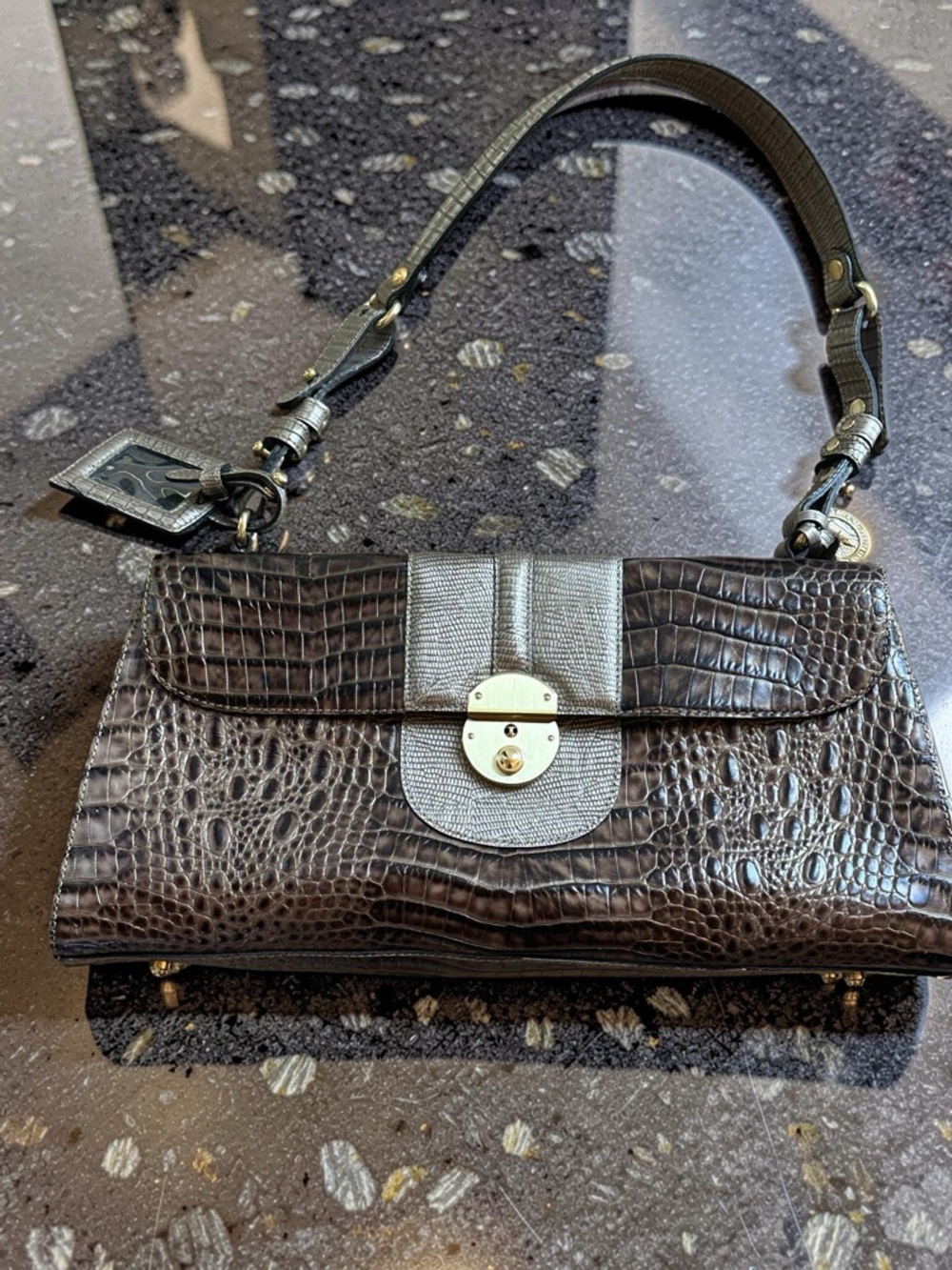 Brahmin Embossed Mariam Cooper Leather Gold-toned Clasp Brown Shoulder Bag